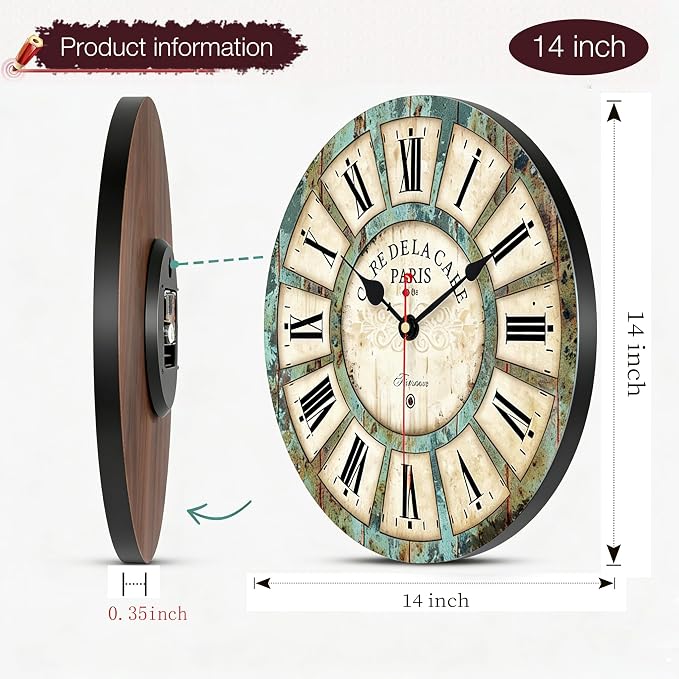 VIKMARI 14 Inch Wooden Wall Clock Battery Operated Retro Rustic Decorative Clock - Image 3