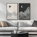 Large Framed Black and White Abstract Wall Art, Abstract Mountain and Moon by Cuspin