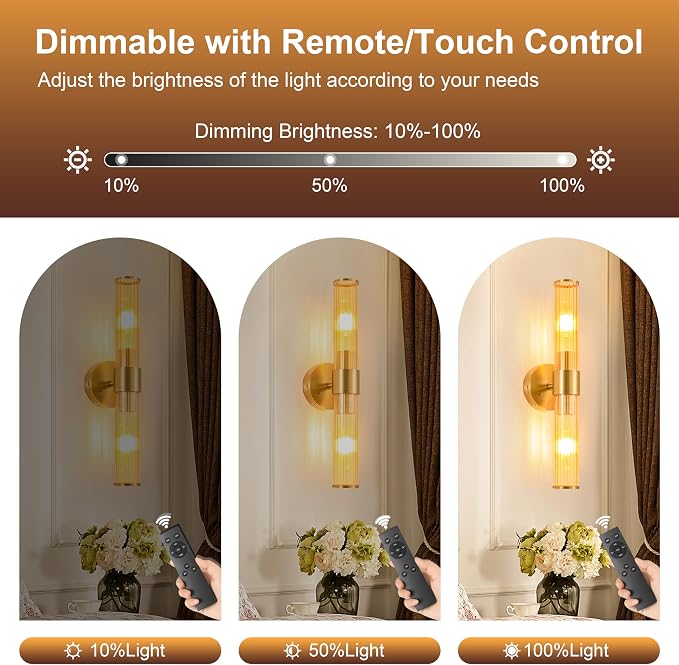 Morauroral Gold Battery Operated Wall Sconces Set of 2, Rechargeable Wall Lights - Image 3