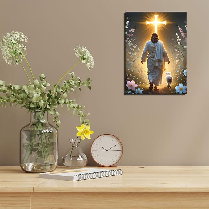 Jesus and Lamb Canvas Wall Art Christian Cross Jesus Walking Toward Light Wall - Image 7