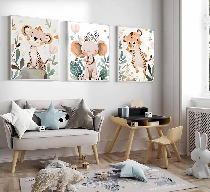 3 Pcs Safari Animals Nursery Canvas Wall Art Jungle Animals Cheetah Elephant - Image 3