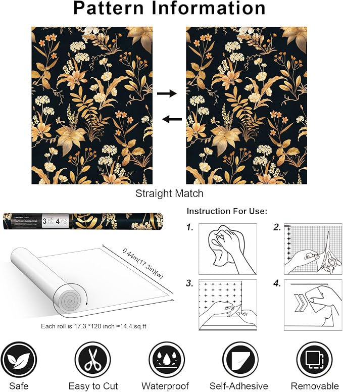 Simon&Siff Vintage Wallpaper Peel and Stick Black Gold Floral Wallpaper - Image 7