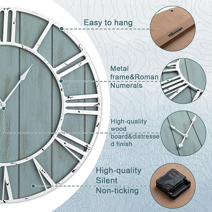 Quelay 20 Inch Coastal Wall Clock, Quiet Ticking Battery Operated, Rustic Retro - Image 3