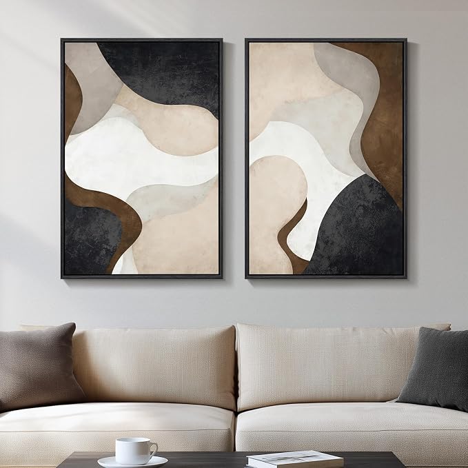 Framed Neutral Abstract Minimalist Wall Art, 2 Piece Large Modern Canvas Prints by Cuspin