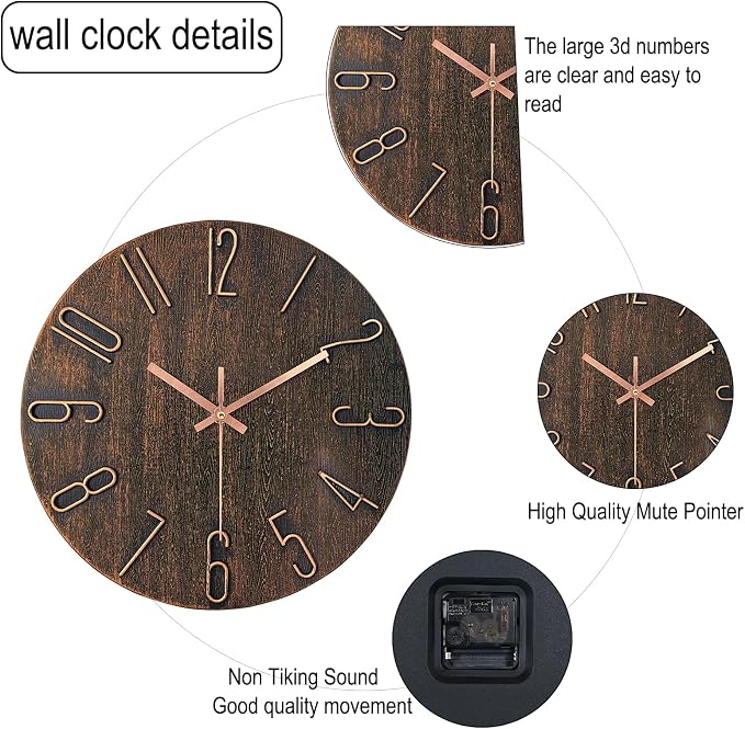 AIRUIFU Wall Clock 12 Inch Non-Ticking Silent Battery Operated Round Wall Clock - Image 3