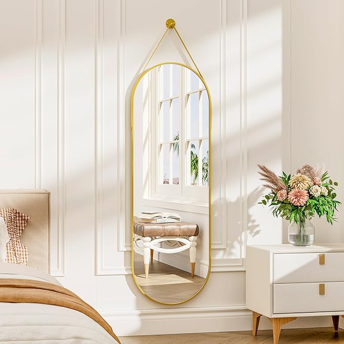 48"x16" Hanging Mirror with Leather Strap, Oval Full Length Mirror with - Image 2