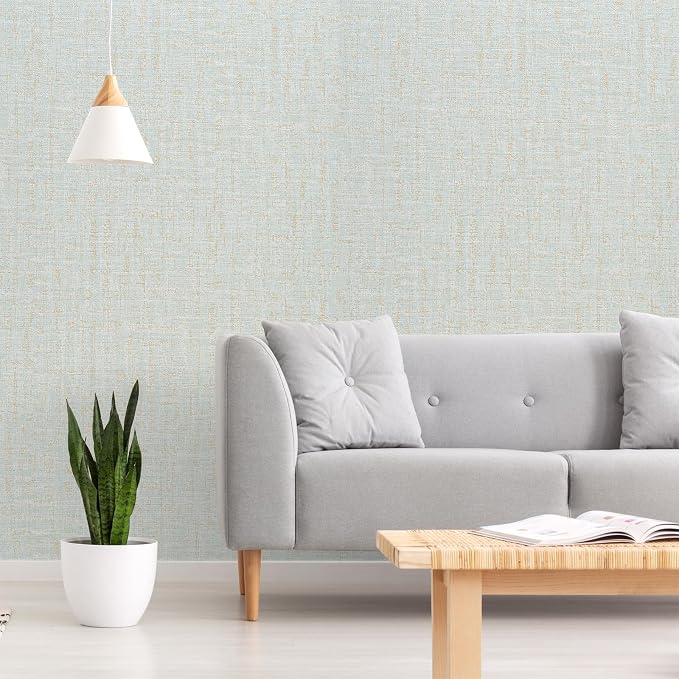 VEELIKE Pale Green Gold Grasscloth Wallpaper Textured Faux Grasscloth Peel and - Image 4