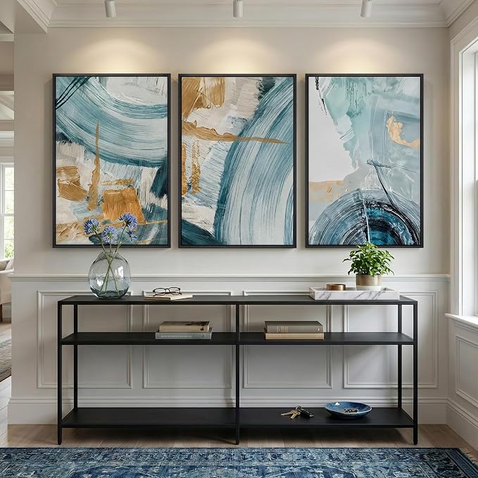 Large Framed Blue and Gold Abstract Wall Art - Image 3