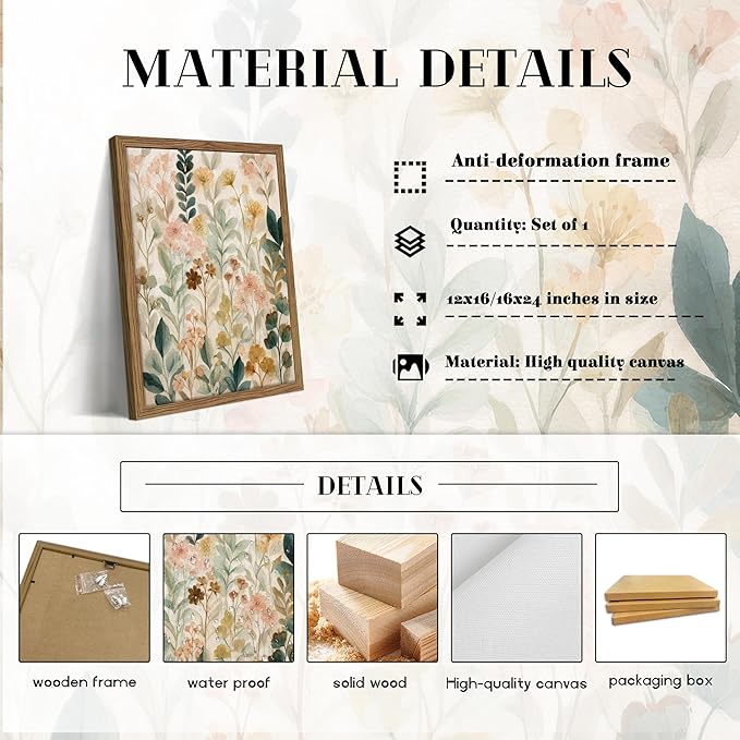 Framed Boho Floral Wall Art, Neutral Botanical Wildflower Canvas Wall Decor - Image 4