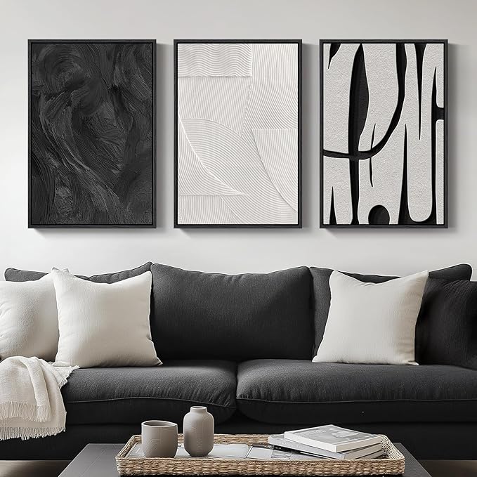 Framed Black and White Abstract Wall Art, 3 Piece Modern Canvas Prints by Cuspin