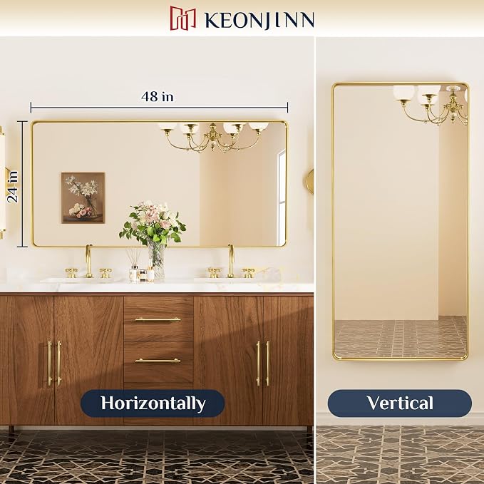 Keonjinn Gold Bathroom Mirrors for Over Sink 48” x 24” Large Brushed Brass - Image 9