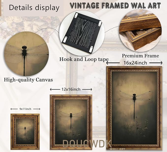 Vintage Gold Framed Wall Art Retro Dark Dragonfly Painting Canvas Prints Gothic - Image 5