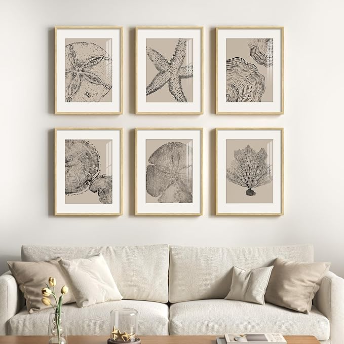 Framed Coastal Wall Art for Living Room, 6 Piece Neutral Black Beige Modern by Cuspin