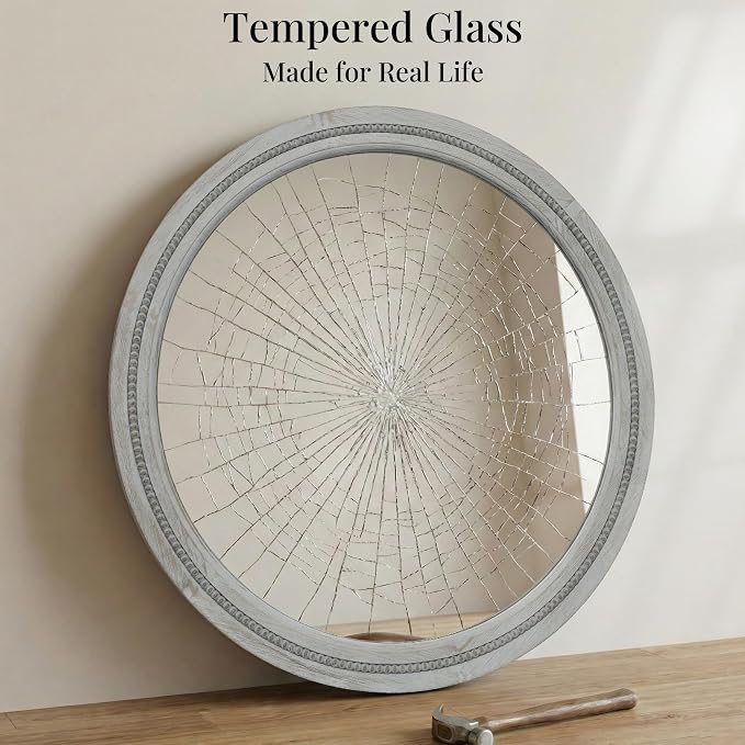 30 Inch Round Farmhouse Mirror for Bathroom Vanity, Distressed Grey Solid Wood - Image 7