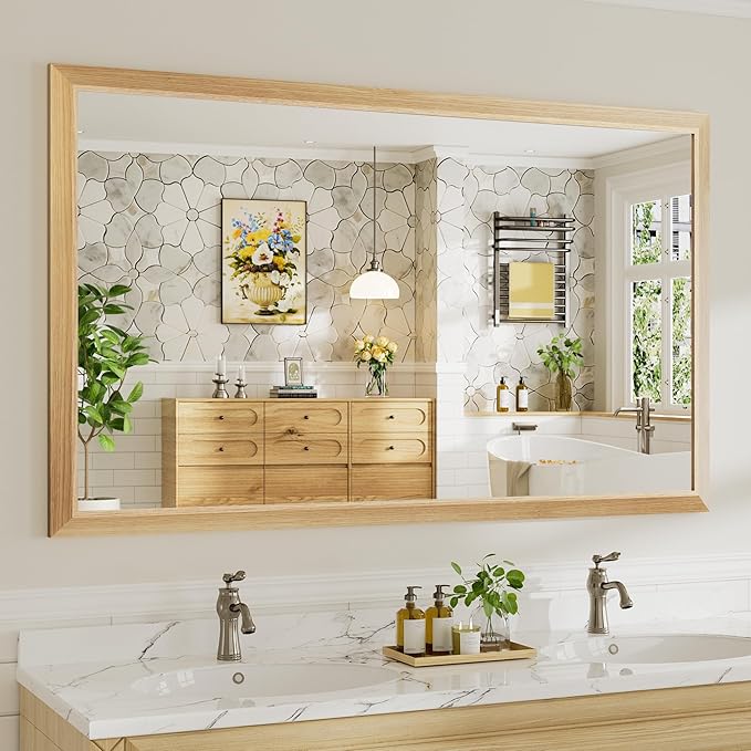 60x36 Inch Bathroom Mirror for Wall, Anti-Rust Oak Wood Grain Metal Framed by Briivuemodernmirrors