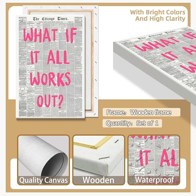 Drimiler What If It All Works Out Poster Retro Newspaper Pink Font Canvas Wall - Image 2
