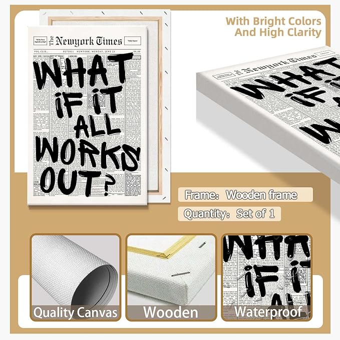 Drimiler Retro Black And White Newspaper Poster What If It All Works Out Canvas - Image 2