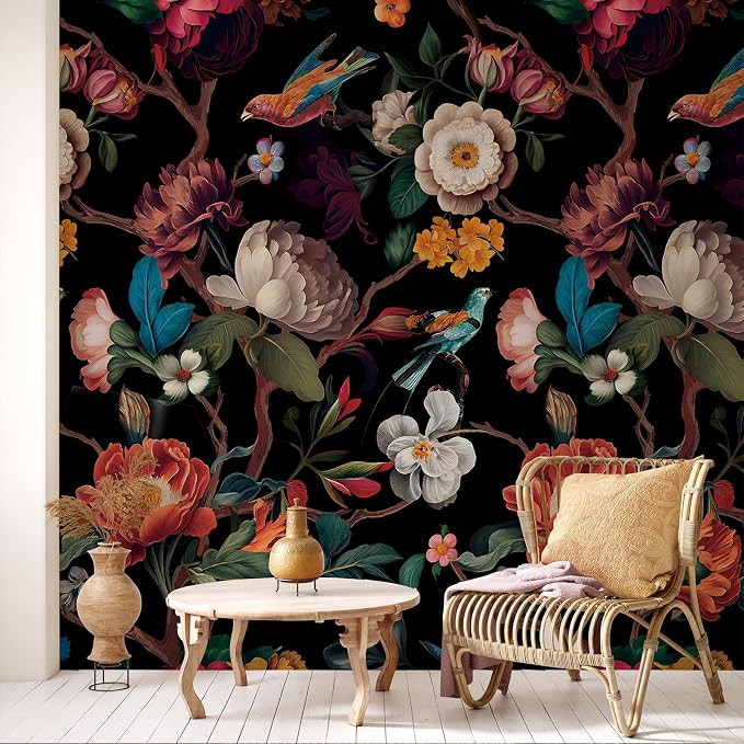 Zeeko Floral Wallpaper Black Peel and Stick Wall Mural Canvas Fabric Vintage - Image 2