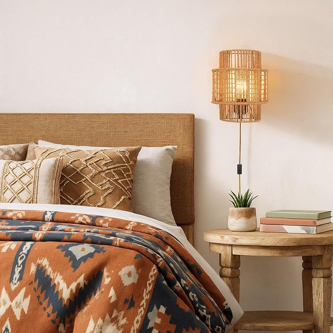 Plug-in Boho Wall Sconces Set of 2, Handwoven Rattan Wall Lights - Image 5
