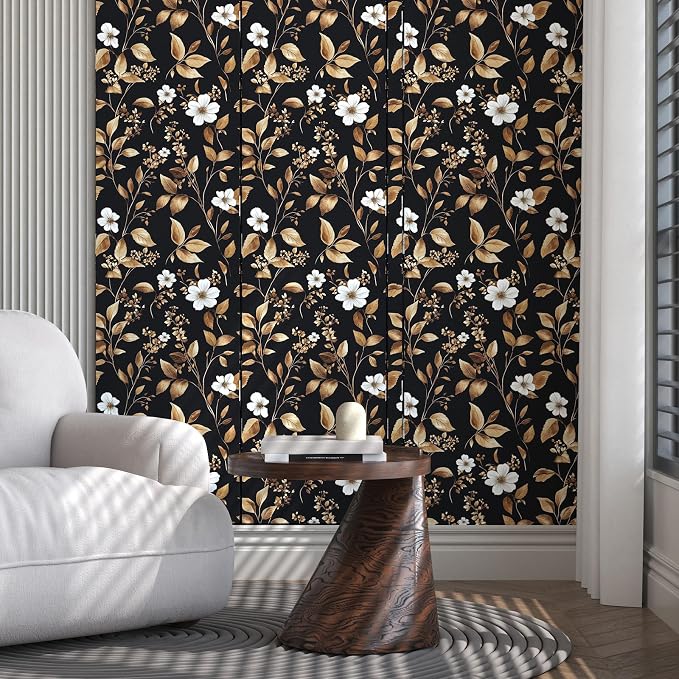 Extra Long Vintage Gold Wallpaper, 17.5" x 393" Classic Black and Gold Floral - Image 5