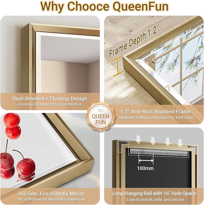 16''x 60'' Tall Brushed Gold Bathroom Mirror, Beveled Gold Frame Mirror - Image 7