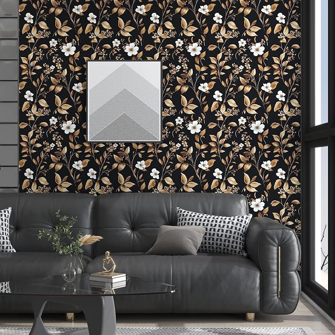 Vintage Black Peel and Stick Wallpaper – Black and Gold Floral Leaf Design Dark - Image 5