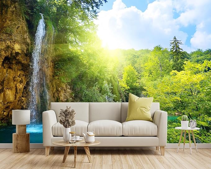 -Green Lake Waterfall Scenery Fabric Wallpaper Living Room Woodland Forest - Image 2
