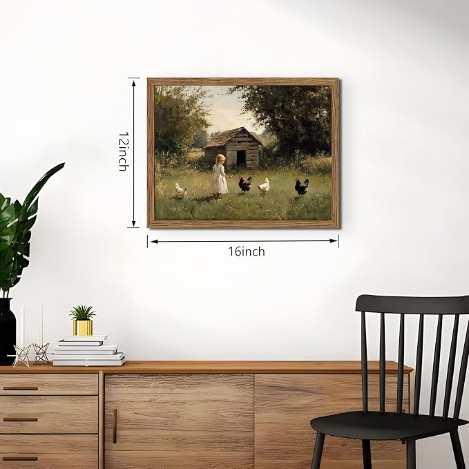 Vintage Country Framed Wall Art, Little Girl and Chick Canvas Prints, Rustic - Image 3