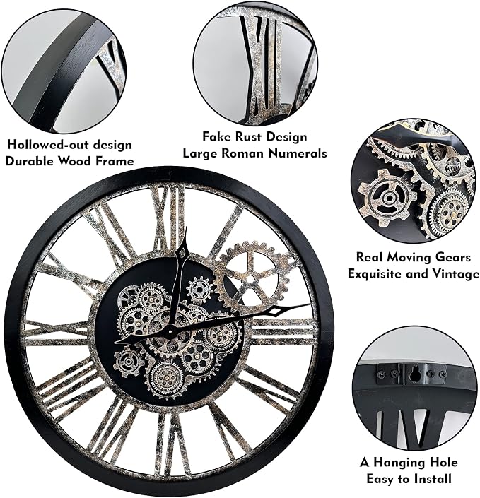 The B-Style Large Real Moving Gears Wall Clock 30 inch Rustic Retro Industrial - Image 4