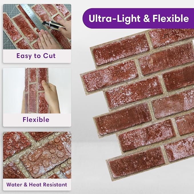 3D Peel and Stick Faux Brick Wall Panels 11.8" x 11.8" 10-Pack Red Orange - Image 5