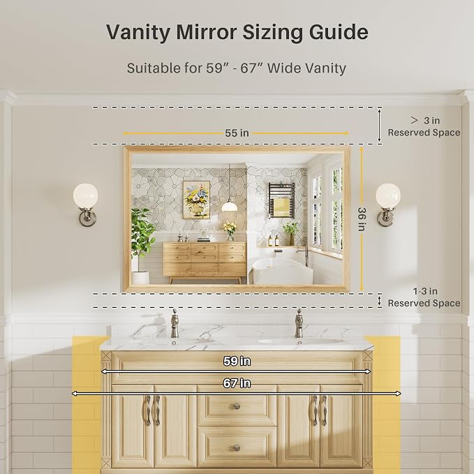 55x36 Inch Bathroom Mirror for Wall, Anti-Rust Oak Wood Grain Metal Framed - Image 2