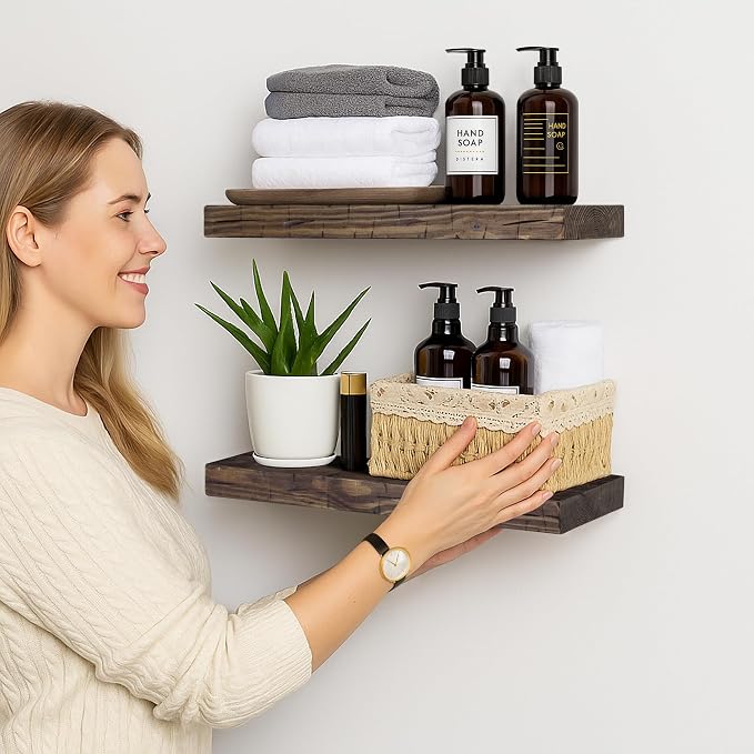 BGMG Floating Shelves 16 inch Long, Distressed Rustic Wooden Wall Shelves - Image 2