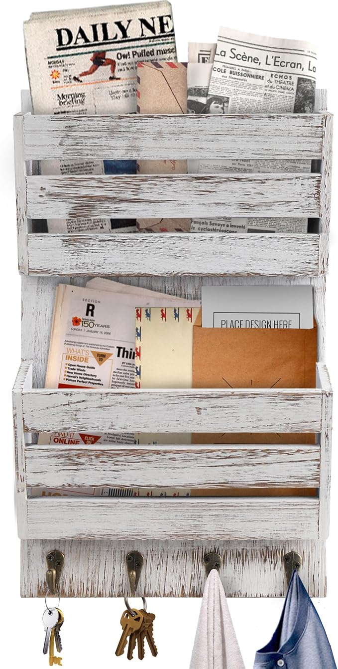 Mail Organizer Wall Mount with 4 Key Hooks, Rustic Wooden Hanging Mail Sorter by SWALLOW+BRAND