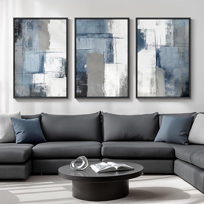 Large Framed Blue and Grey Abstract Wall Art by Cuspin