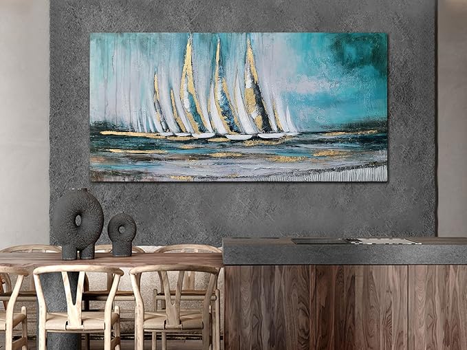 Anolyfi Blue Abstract Canvas Wall Art Teal Ocean Sailboat Picture Modern - Image 5