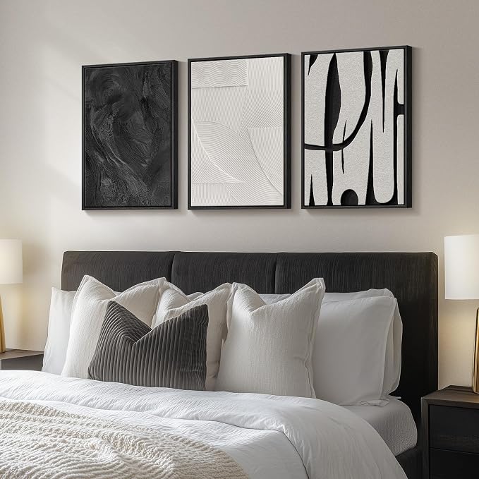 Framed Black and White Abstract Wall Art, 3 Piece Modern Canvas Prints - Image 2