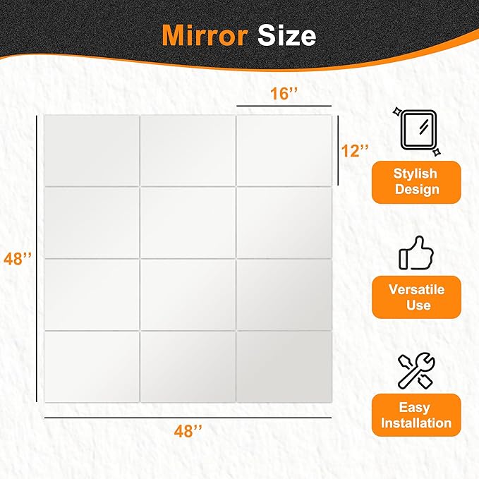 Delma Frameless Mirror Tiles 16"x12"x12 Pcs Wall Mounted, Shatter Resistant - Image 3