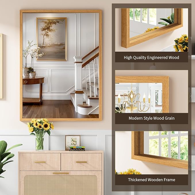 Syndra Natural Wood Frame Bathroom Mirror, 30x40'' Modern Vanity Mirror - Image 3