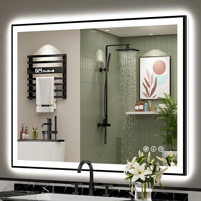 48x38 Black Framed LED Bathroom Mirror by Awandee