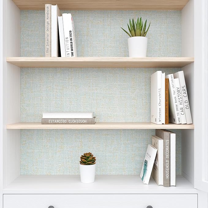 VEELIKE Blue Gold Grasscloth Peel and Stick Wallpaper 15.7''x118'' - Image 7