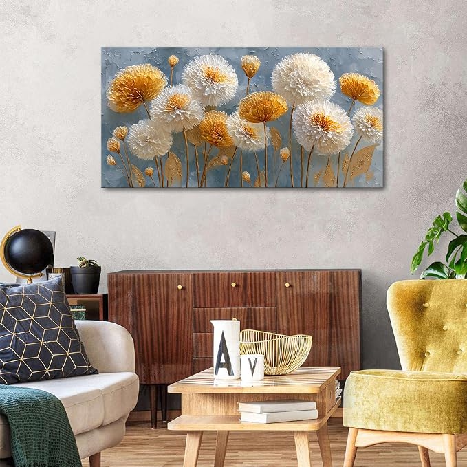 Abstract White Flower Wall Art Golden Floral Pictures Wall Decor Neutral - Image 4