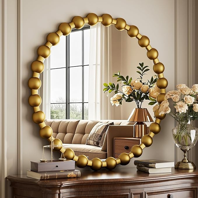 Easly Round Mirror for Wall, 24 Inch Gold Beaded Frame Decorative Vanity Mirror - Image 3