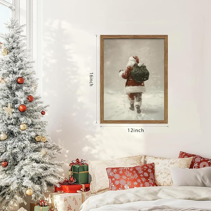 Framed Christmas Wall Art, Santa Claus Walk in Snow Canvas Prints, Vintage - Image 3