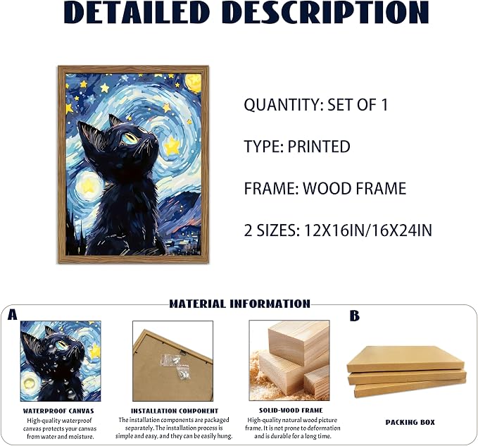 Framed Black Cat Wall Art, Van Gogh Starry Night Canvas Wall Decor, Cute Cat - Image 4