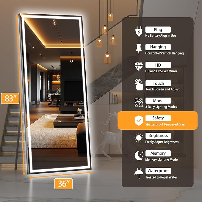 Hasipu Full Length Mirror with Lights, Full Body Dressing Hanging Mounted Mirror - Image 2