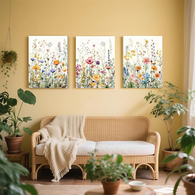 WRFON Wildflower Canvas Wall Art Set of 3, Unframed Botanical Floral Watercolor - Image 5