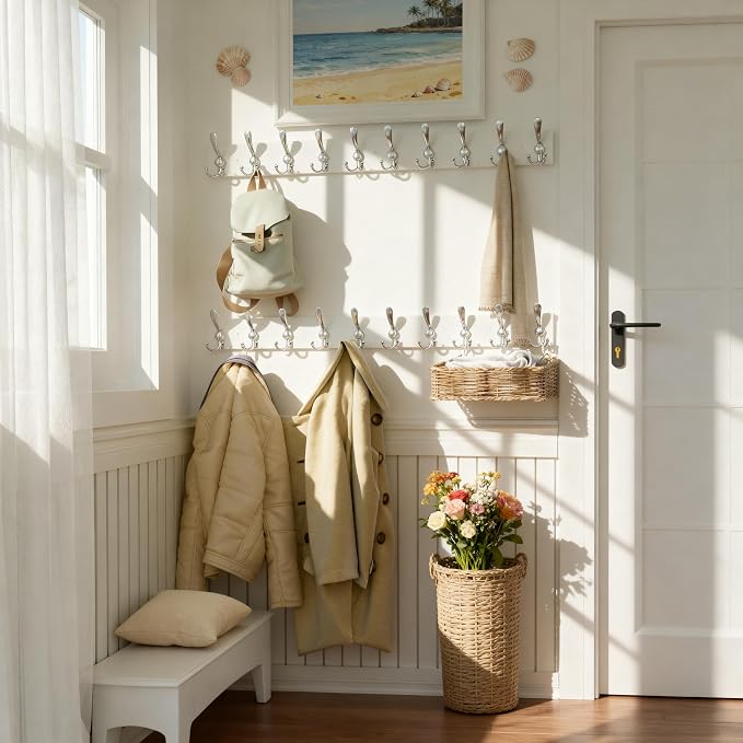 SKOLOO Creations White Solid Wood Wall Mounted Coat Rack, 10 Hooks, 38-1/8" Long - Image 2