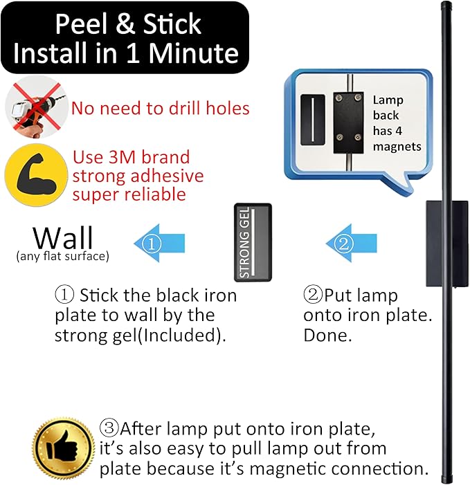 Easy Install Peel and Stick on Battery Operated Wall Sconces Set of 2 - Image 2
