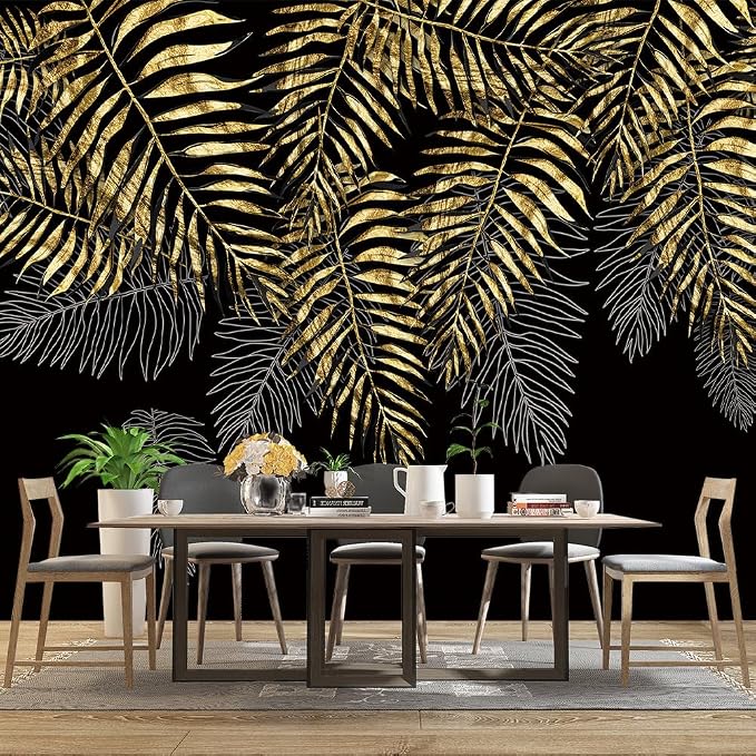 Black and Gold Leaf Mural Bedroom Tropical Botanical Wallpaper Room Plant Decor - Image 3