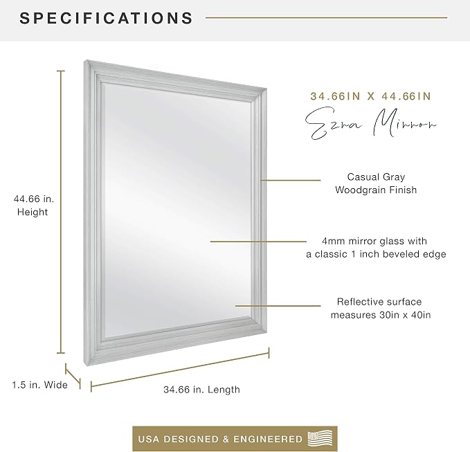 MCS Ezra 34.66x44.66 Large Wall Mirror, Vertical & Horizontal Wall Hanging - Image 3